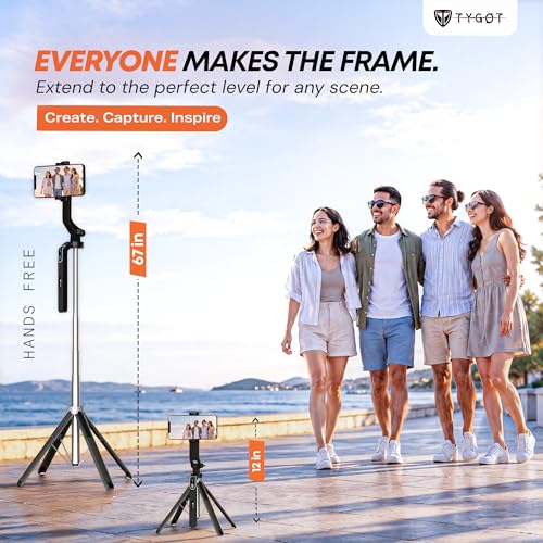 Image of Tygot T-180 Selfie Stick 67 inch (170 cm) for Mobile with Tripod Stand, Detachable Bluetooth Remote, 360 Rotating Head, Adjustable Phone Holder, Extendable Selfie Stick for Photography & Vlogging