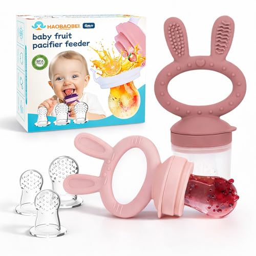 Image of HAOBAOBEI Baby Fruit Feeder Pacifier 2 Pack, Silicone Baby Food Feeder, Pink Bunny Feeder for Babies 4M+, Frozen Fruit Feeder Teething Toy, BPA Free for Fresh Fruit, Veggies & Breastmilk