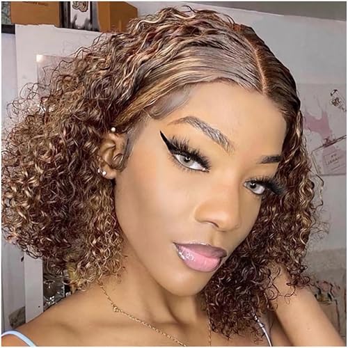 13x4 Bob Lace Wig Human Hair Deep Curly Perruque Bresilienne Cheveux Humain Bouclée Perruque Femme Naturelle Courte 150% Density 4/27 Lace Wigs Blonde...