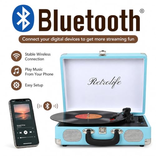 Image of Retrolife Record Player 3-Speed Bluetooth Portable Turntable-Sky Blue | Belt-Driven with Built-in Speakers, Wireless Bluetooth Input, RCA Out AUX In Headphone Jack, Auto-Stop, Gift for Music Lovers