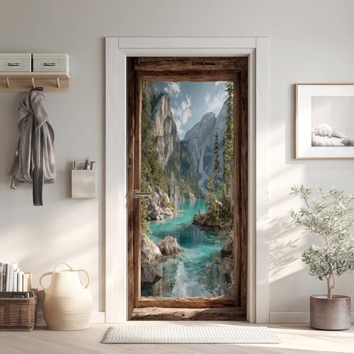 Paysage Naturel Stickers de Porte Papier Peint PVC Imperméable, Lac Montagne Sticker Porte 3D Trompe L'Oeil 63x205 cm, Mer Stickers de Porte Autocollant...