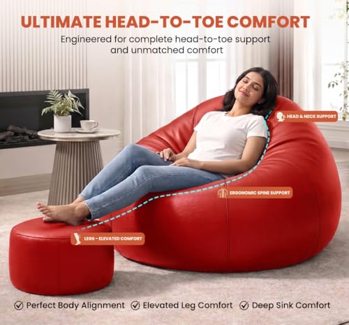Image of Sattva Classic 2XL Sofa Style Bean Bag Chair with Beans Filled | Faux Leather Bin Bags Sofa Set with Footstool & Cushion for Adults | Beam Bag, Large Beanbags for Home & Office - Red