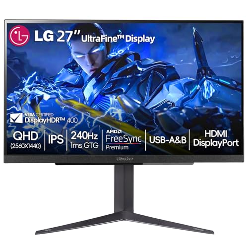 Image of LG 27 inch Ultragear QHD (2560x1440) IPS Gaming Monitor, 240Hz, 1ms, G-Sync AMD FreeSync Premium, 100% sRGB, HDR400, 1 x DisplayPort, 2 x HDMI, 4-Pole HP Out DTS GP:X, Tilt /Height /Pivot Stand, Black