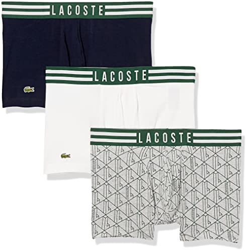 Lacoste Men's Cotton Stretch Print Animation Trunks, 3-pack, Dove Grey/White/Navy Blue, Small