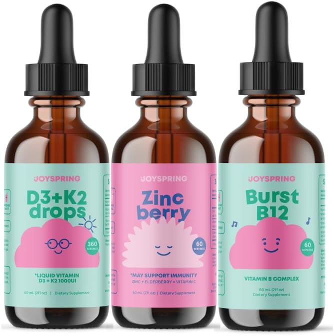 JoySpring Gotas de vitamina D para niños pequeños para apoyar el crecimiento, los huesos y la salud inmunológica, suplementos de zinc para niños,
