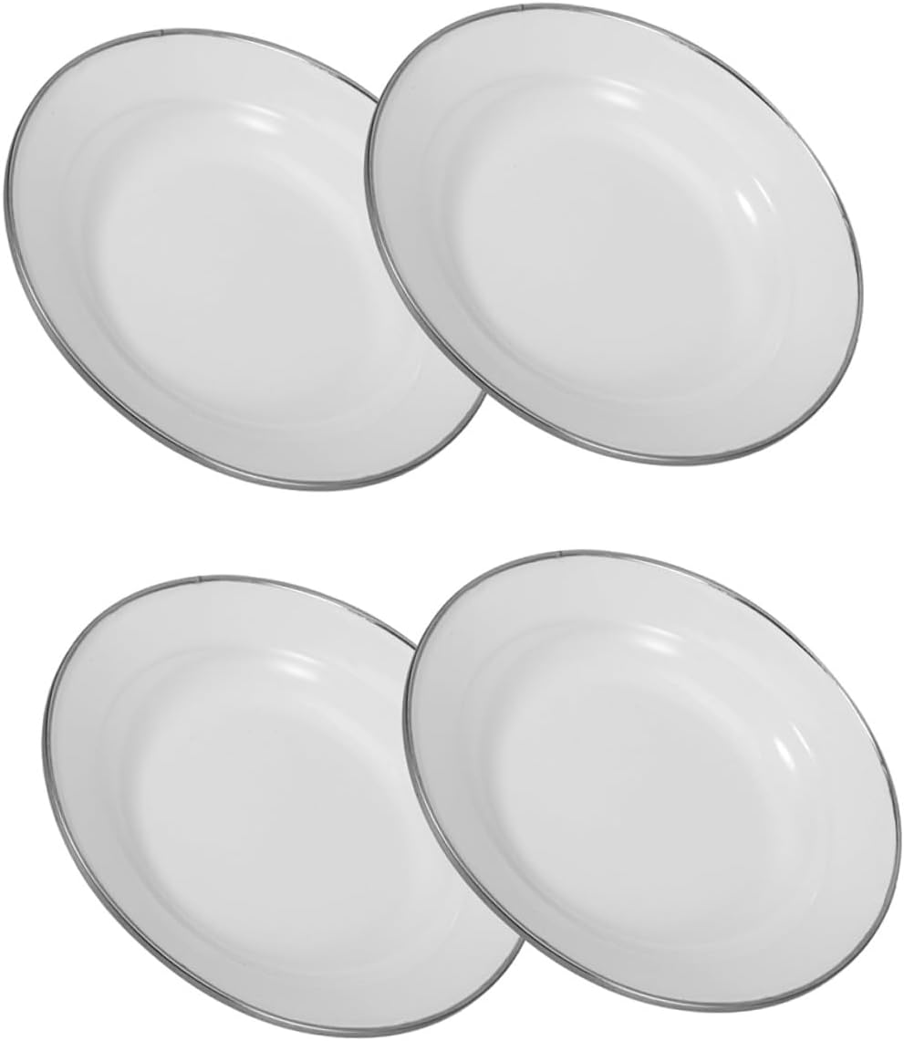 Mikikit 4pcs White Enamel Plates 22cm Thick Retro Small Snack Fruit Holder Hotel Serving Trays Vintage Outdoor Dinnerware