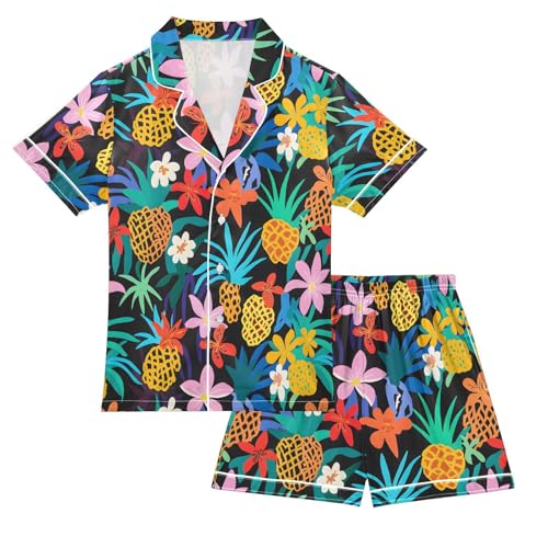 ALAZA Pineapple Blossom Leaf Flower Satin Pajamas Set Short Sleeve Button Down Sleepwear Summer Pjs 2 Piece