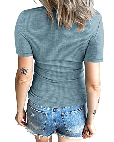 Kinlonsair Women's Short Sleeve Tunics Tops Button Down Scoop Neck Ribbed Henley Shirts Summer Casual Solid T-Shirts #TOP1