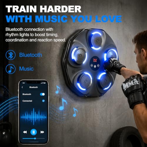 Image of Music Boxing Machine for Adults & Kids, Wall Mounted Bluetooth Boxing Trainer with Gloves, LED Rhythm Lights, Hit Counter, 9 Modes & 9 Speeds, Home Gym Fitness Equipment