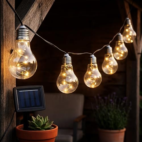 Spetebo LED Solar Lichterkette 450 cm mit 10 Glühbirnen und 2 Leuchtmodi - warm weiß - Garten Dekobeleuchtung mit transparenten Lampen - Outdoor Party Pavillon Deko Beleuchtung Flash Light Steady On