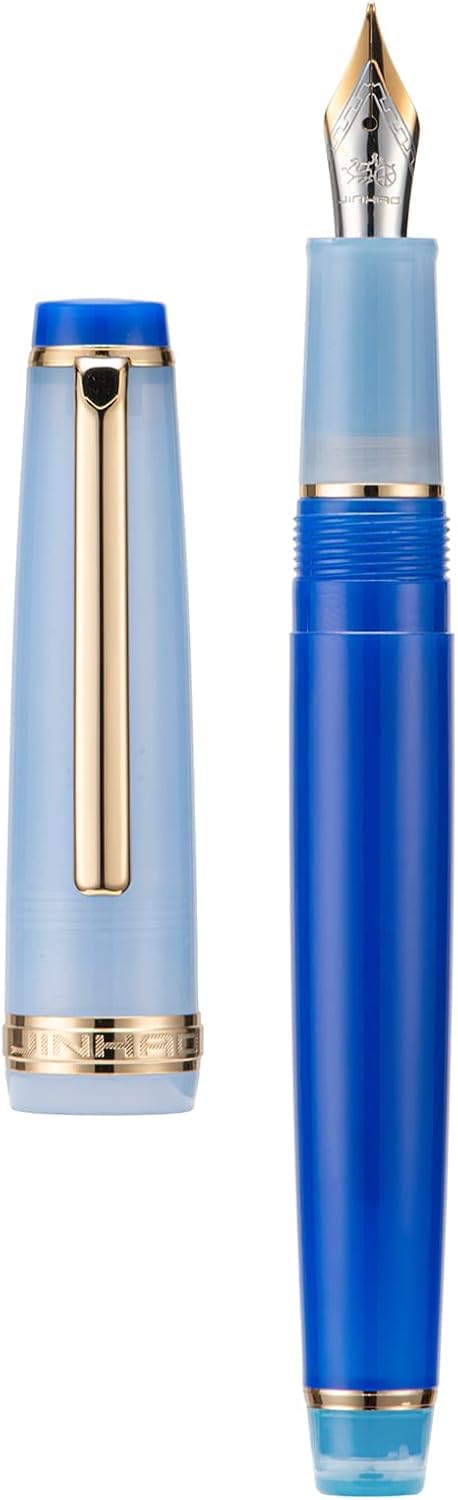Jinhao 82 Fountain Pen, Golden Trim Bent Nib, Blue Mixed with Converter