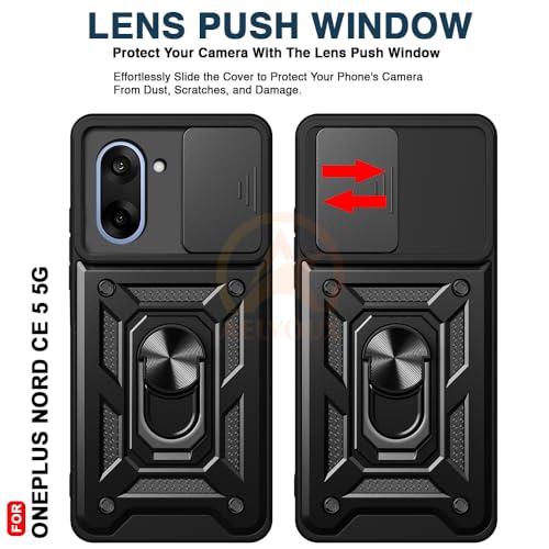 Image of Armor Bumper Back Cover Case for OnePlus Nord CE 5 5G Rotating Camera Cover, Ring Holder & Kickstand | Heavy Duty & 360 Degree Protection OnePlus Nord CE 5 5G Back Cover (Black)