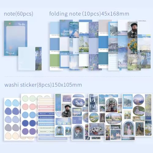 Image of The AutoStory Beautiful Scrapbook Album Kit A6 Junk Journal Aesthetic Stickers Patterned Papers Washi Tape DIY Craft Art Diary Embellishment Women Present Teens Girls (Morning Breeze, Blue)