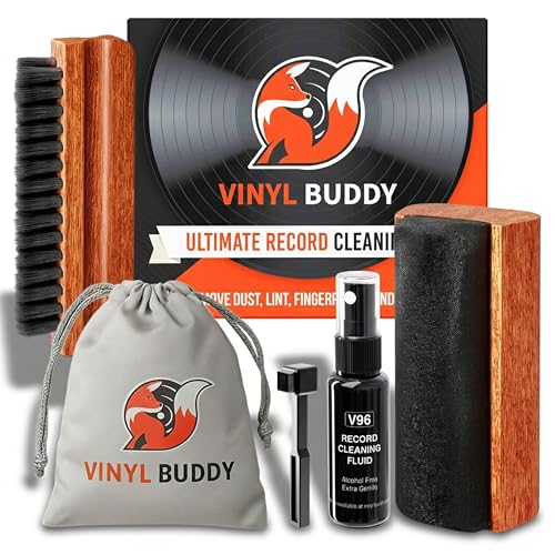 Vinyl Buddy O melhor kit de limpeza de discos de vinil de 5 peças | com pincéis de madeira real – Inclui: Escova de veludo profissional, escova de microfibra e limpador de agulha – limpa, protege e