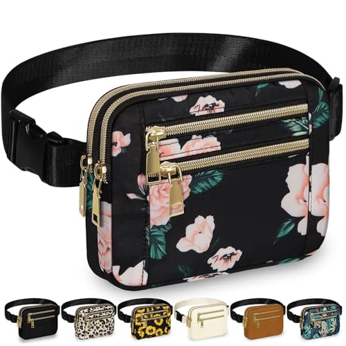 Image of Capolo Fanny Packs for Women 4 Zip Pocket Crossbody Belt Bag Waist Bags | Waterproof,Fashion Waist Pack,Crossbody Bags for Women,with Adjustable Strap,for Workout,Running,Traveling(Black Flower,L)
