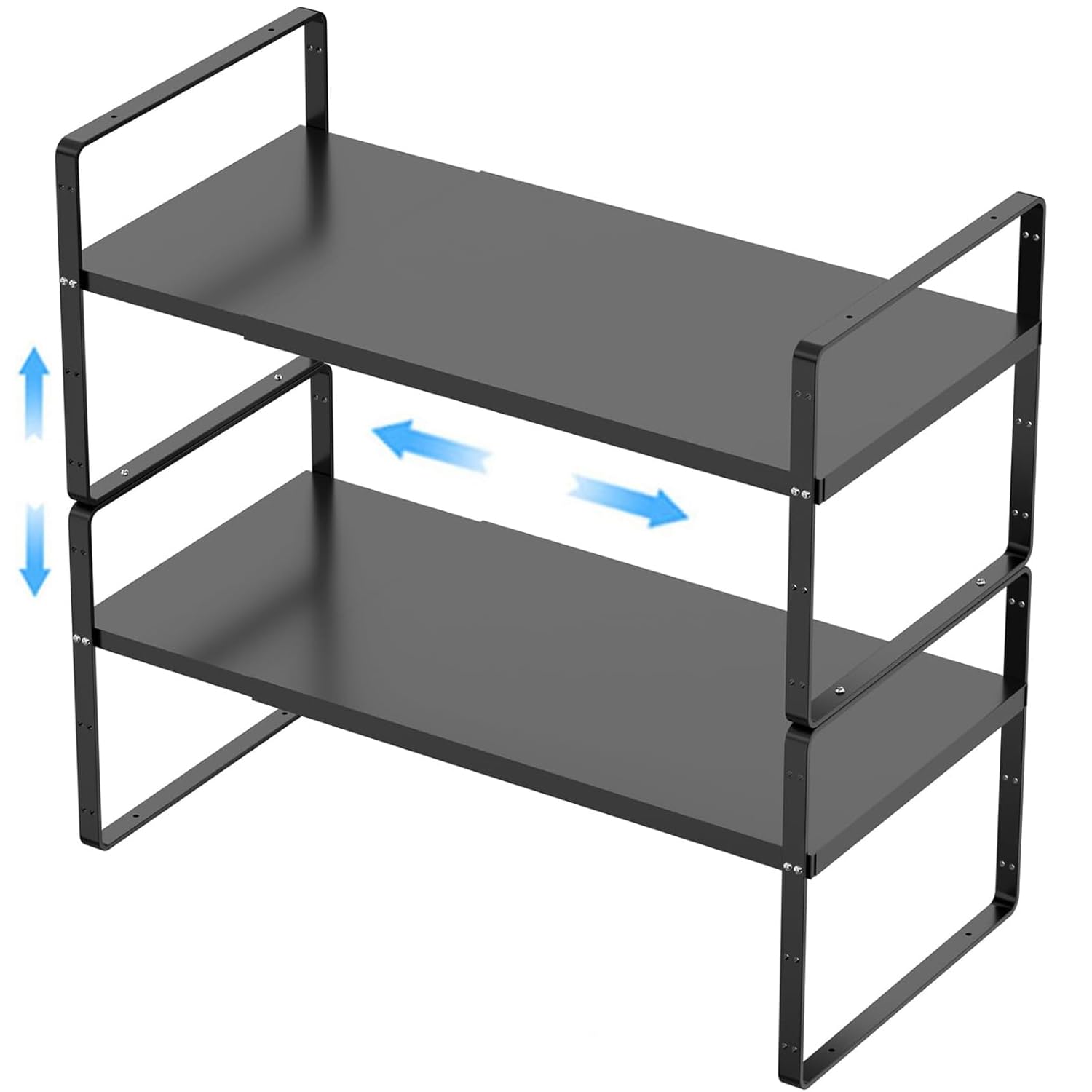 GEDLIRE Expandable Kitchen Cabinet Shelf Organizers 2 Pack, Stackable Metal Pantry Storage Shelves Rack, Adjustable Counter Shelf for Cabinets, Countertop, Cupboard Organizers and Storage, Black