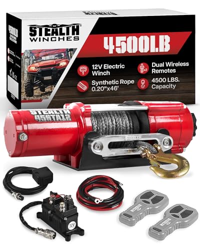 Stealth Winches 4500 lb 12V Electric Winch with Synthetic Rope & 2 Wireless Remote Kit for ATV UTV Jeep Truck Boat Trailer Car Towing Recovery, Heavy Duty Portable Off Road Winch with Mounting Plate