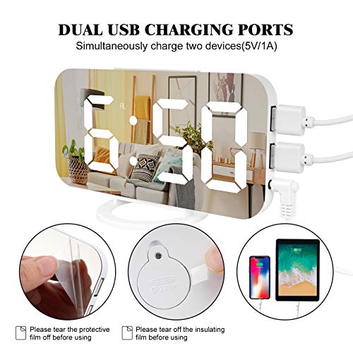 Image of Digital Alarm Clock,Lamisola Large LED Mirror Display, 2 USB Charging Ports,Auto Dim Mode,Modern Design Clock for Bedroom Office, White