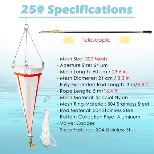 Plankton Collection Net with Stainless Steel Retractable Pole, 13# 25# Fine Mesh - 24