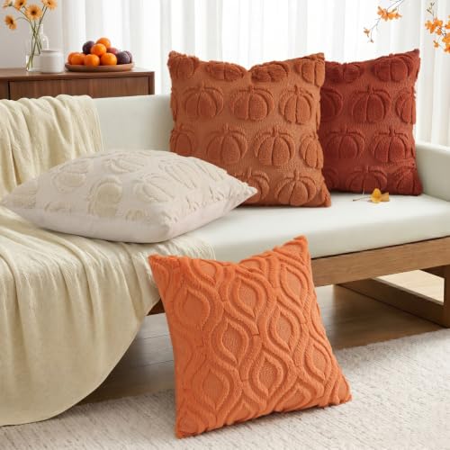 Image of decorUhome Fall Decorative Light Rust Pumpkin Throw Pillow Covers 16x16 Set of 2, Soft Faux Fur Plush Farmhouse Accent Pillow Cases for Couch Bed Sofa Autumn Harvest Halloween Holiday Home Decor