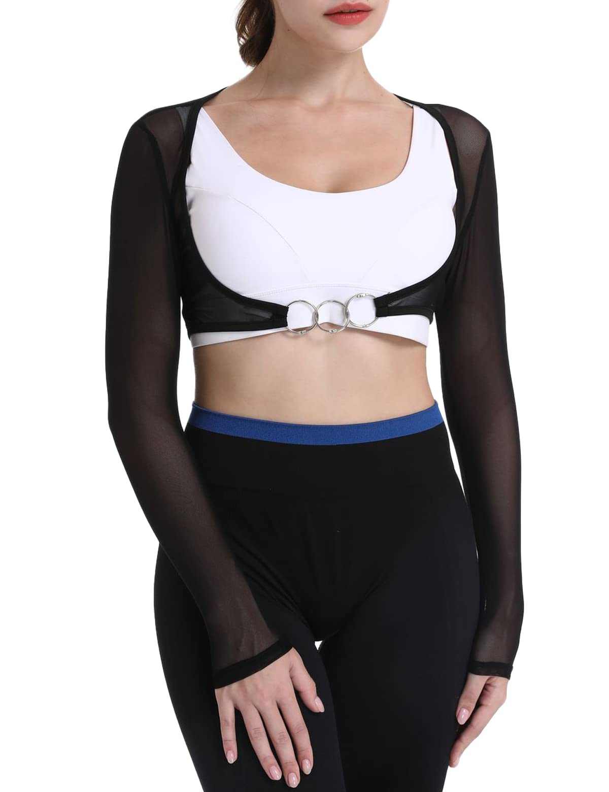 Women Mesh Crop Top Sheer Open Front Shrug See Through Fishnet Cover Ups with Buckle