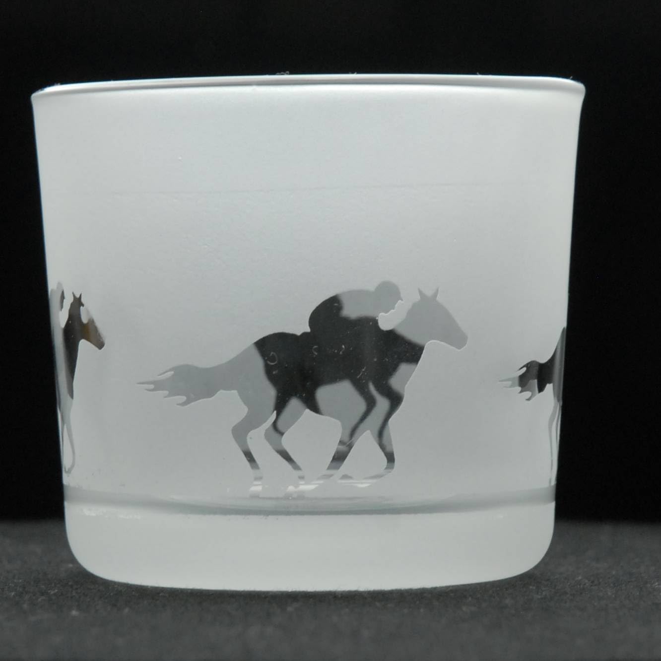 Animo Glass Votive Tea Light Candle Holder, Frosted Etched Glass with Racehorse Design, Clear Tealight Candle Holder Home Decor