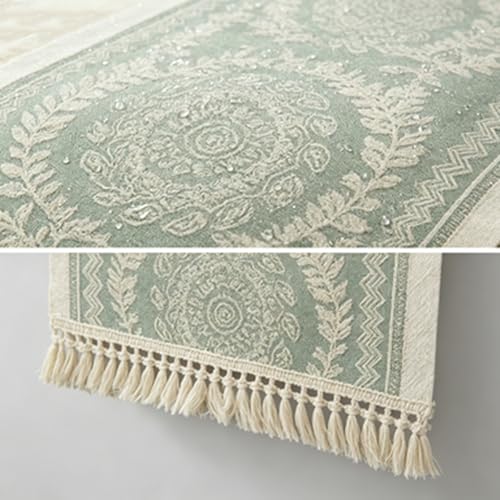 Chemin de lit imperméable 35x119 cm en polyester jacquard aspect lin avec pompons - 4