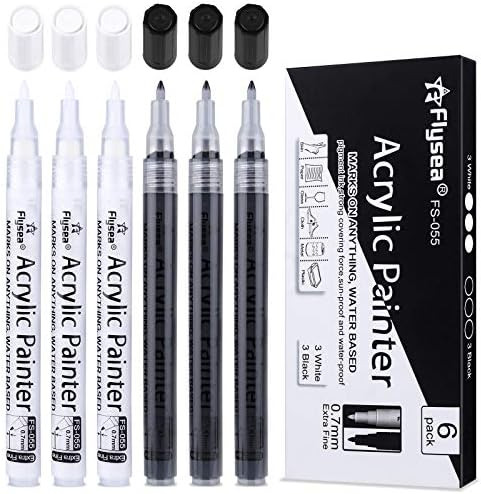 NAWOD Paint Pens White Black Acrylic Marker 6 Pack, Acrylic Permanent Marker, White Paint Pens for Rock Ceramic Wooden Leather Glass Painting Metal Tire, 0.7mm Extra Fine Point Quick Drying