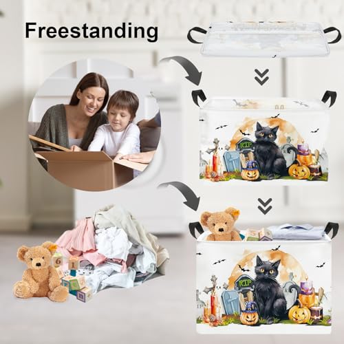 Image of Clastyle Large Spooky Halloween Baby Gift Basket Stuffers Boy Girl Pumpkin Bat Graveyard Boo Nursery Bin Kid Book Toy Box Collapsible Clothes Organizer for Bedroom,Cat,40 * 30 * 30 cm