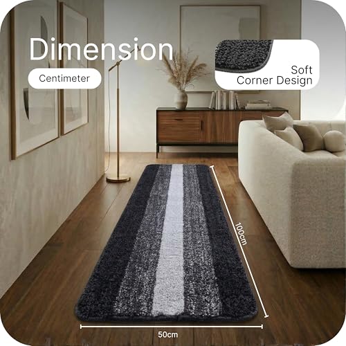 Image of SARAL HOME EASY LIVING Microfiber Striped Rectangle Anti-Skid Runner|Soft & Super Absorbent, Washable Multipurpose Bedside Runner for Home /Kitchen /Lobby /Office Entrance, 50X100 CM|Pack of 1 (Black)