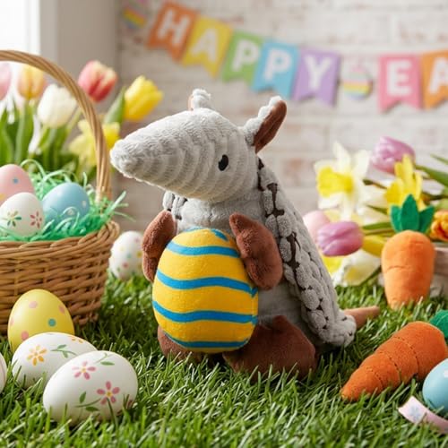 Image of Hollypet Plush Dog Squeaky Toy Stuffed Armadillo Animal Pet Puppy Chew Toys with Clean Teeth for Small Medium Large All Breed Sizes Dogs, Gray, 8 in, Yellow Egg with Blue Stripes