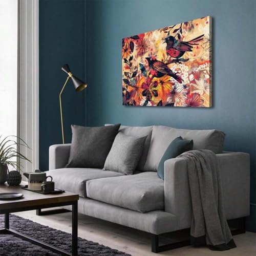 Toile décorative bohème pour mur vide, peinture murale fleurs et oiseaux vintage encadrée - 2