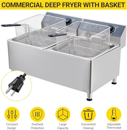 Deep fryers Commercial Deep Fryer 11L x 2, Large Dual Tank Electric Countertop Fryer for Restaurant with 2 Frying Baskets and Lids, 1700W x 2, 120V