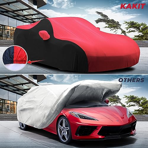 Image of KAKIT Waterproof Car Cover Custom Fit for 2020-2022 C8 Stingray, UV Resistant Fade-Proof Cover for Chevy Corvette, Indoor & Outdoor Use (Red & Black Combo)