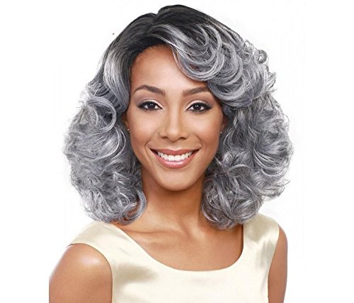 J.C Wig 15" 38 cm Women's Long Curly Carve Full Hair Wig Two Tone Black Dark Root to Grey Ombre