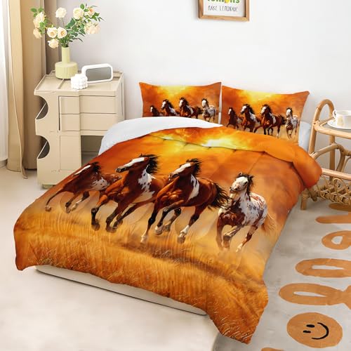 Image of AILONEN Galloping Horses Comforter Set Queen Size,Sunset Orange Theme Bedding Sets for Boys Girls Teens Adults, All Season 1 Quilt and 2 Pillowcases, 3 Piece