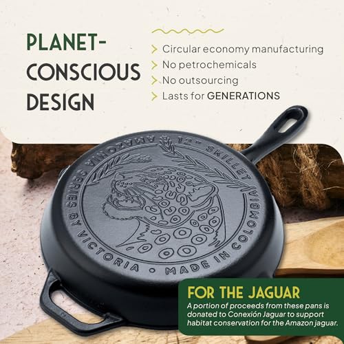 Image of Victoria Cookware 12-Inch Amazonia Cast Iron Skillet, Decorative Preseasoned Frying Pan with Cast Design, Made in Colombia, Jaguar