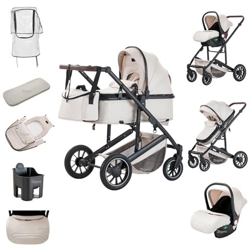 Zkiprm - Cochecito 3 en 1 con asiento de coche portátil compacto y absorbente de golpes, chasis de aleación de aluminio, cochecito de ciudad de perfil alto