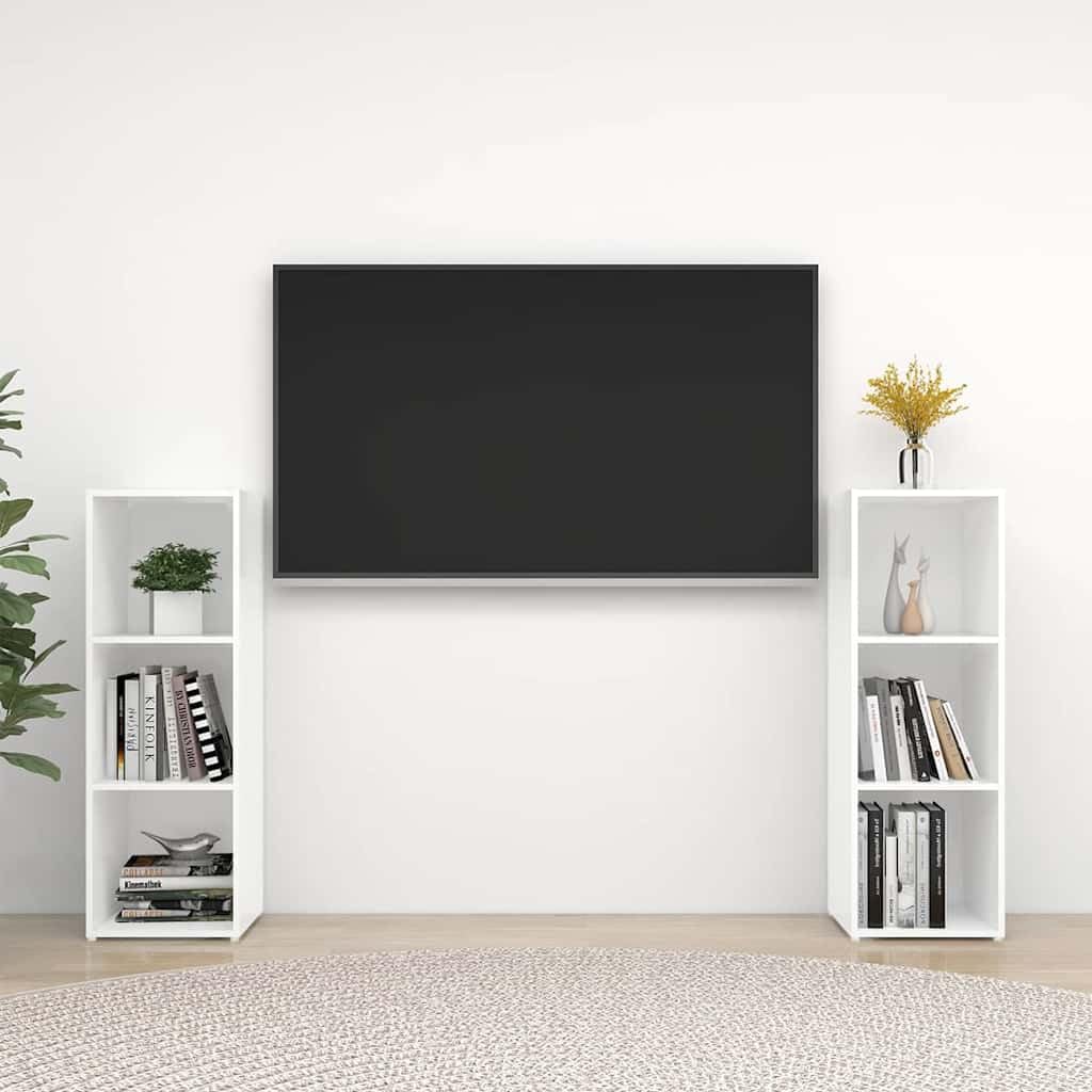 Mobiletto per TV, 2 pezzi, in legno bianco, 107 x 35 x 37 cm, mobile basso con 3 scomparti, versatile come credenza, spazio per soggiorno, angolo gaming, camera da letto