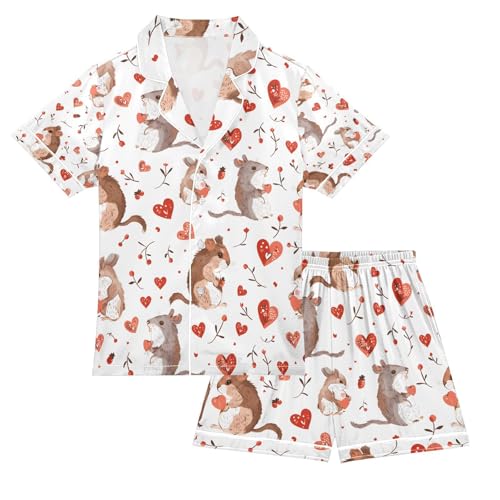 senya Squirrel Holding Love Heart Satin Summer Pajama Sets Silk Short Sleeve Button Down Sleepwear