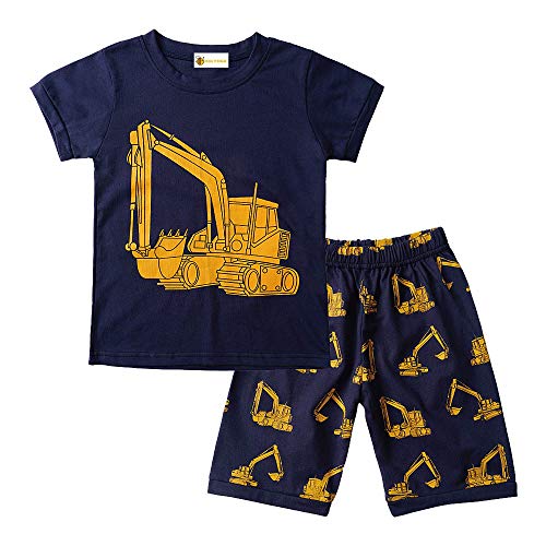 Little Boys Pajamas Navy Blue Excavator Short Sets 100% Cotton Toddler Boys Short Sleeve Printed PJs Sleepwear 2-8T