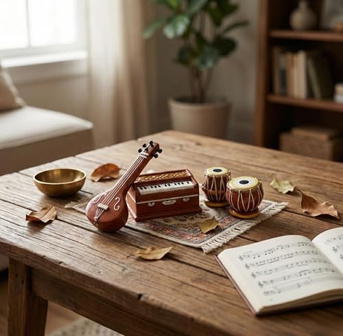 Image of Classic Terracotta Clay Miniature Musical Instruments Combo | Handmade Clay Tabla Veena Harmonium Showpiece for Home Decor, Return Gift, Table Decoration, Indian Handicraft