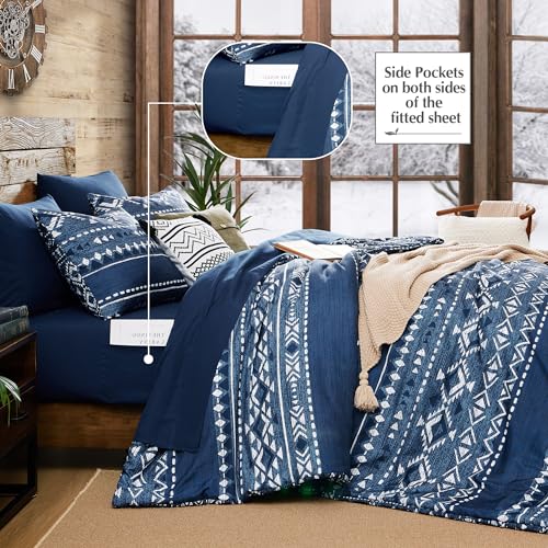 Image of Geniospin Full Comforter Set - 7 Pieces Comforters Full Size, Fluffy Boho Bedding Sets for All Seasons, Bed in a Bag with Flat Sheet and Fitted Sheet, Pillowcase & Sham (Blue, 80''x90'')