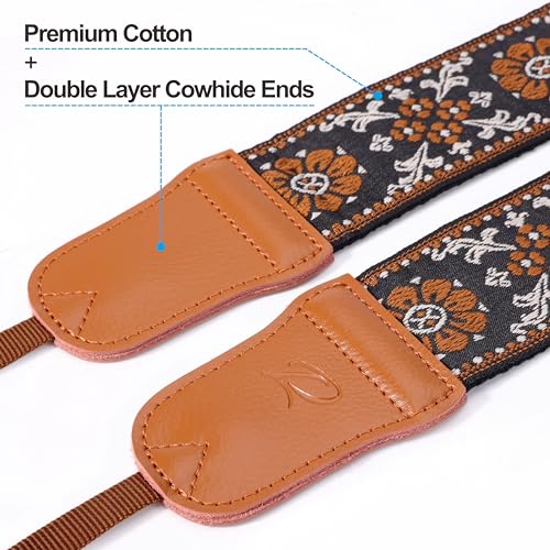 Image of Padwa Lifestyle Brown Flower Camera Strap - 2 inch Wide Double Layer Cowhide Head Cotton Strap,Vintage Jacquard Embroidery Universal Neck & Shoulder Camera Straps for Photographers and All DSLR Cameras