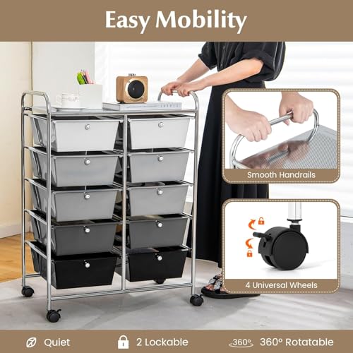 Image of LDAILY 10 Drawer Rolling Cart, Storage Cart Organizer on Wheels, Drawer Cart with Metal Frame & Large Storage Capacity, Rolling Cart with Drawers for Living Room Classroom, Office