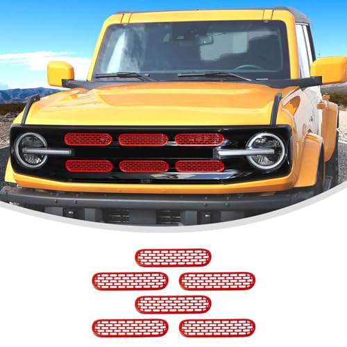 Image of Linskip Oval Grille Inserts Fit for 2021-2025 Ford Bronco, Front Mesh Grille Cover for Bronco Exterior Accessories, Enhancing Vehicle Front Appearance(red)