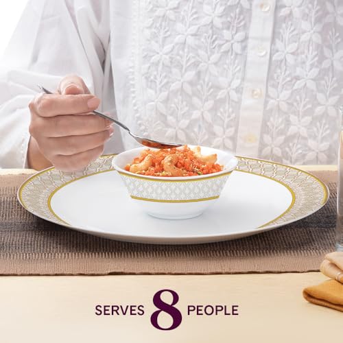 Image of Larah by Borosil Opalware Dinner Set Microwave & Dishwasher Safe | Bone-Ash Free | Crockery Set for Dining & Gifting | Plates & Bowls (Marigold Veil, 60pc)