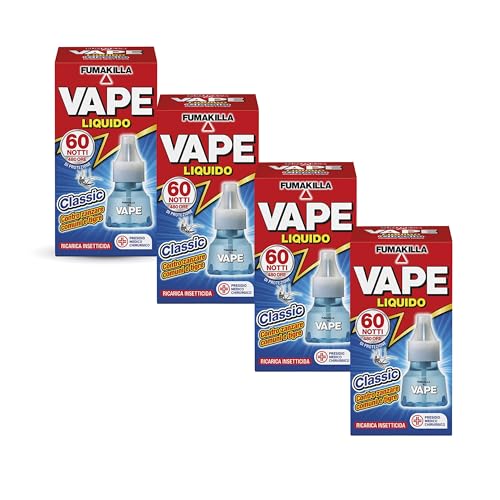 Vape Ricarica Liquida Antizanzara, Refill Quadripack per Emanatore, 60 Notti di Protezione, Profumo Classico, 1 confezione x 4 pezzi