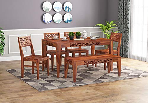 Image of Solid Sheesham Wood 6 Seater Dining Table with 4 Chairs and 1 Bench for Living Room Home Office Dining Room Wooden Furniture Dinner Table Set (Honey Finish)