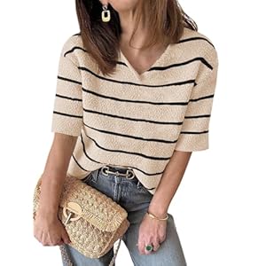 Damen Sommer Kurzarm Strickpullover mit V-Ausschnitt Gestreifter Outfit T-Shirt lockerer Schnitt modischer Freizeit Pullover 2025